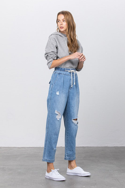 Denim Lab USA Super High Waist Drawstring Ripped Slouch Jeans