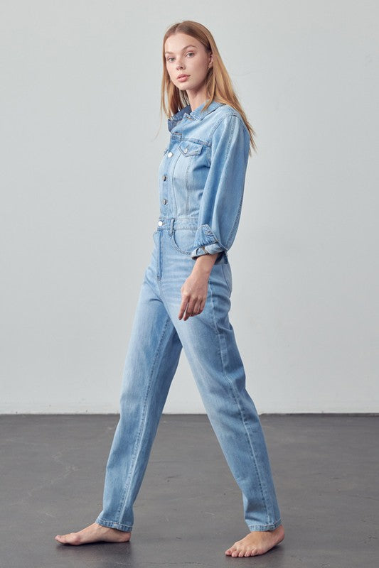 Denim Lab USA High Waist Flap Pocket Half Button Denim Jumpsuit