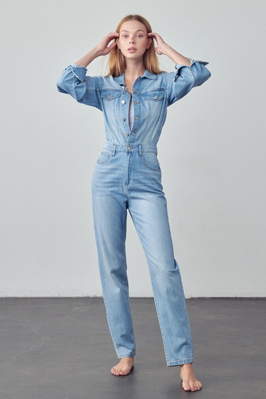 Denim Lab USA High Waist Flap Pocket Half Button Denim Jumpsuit