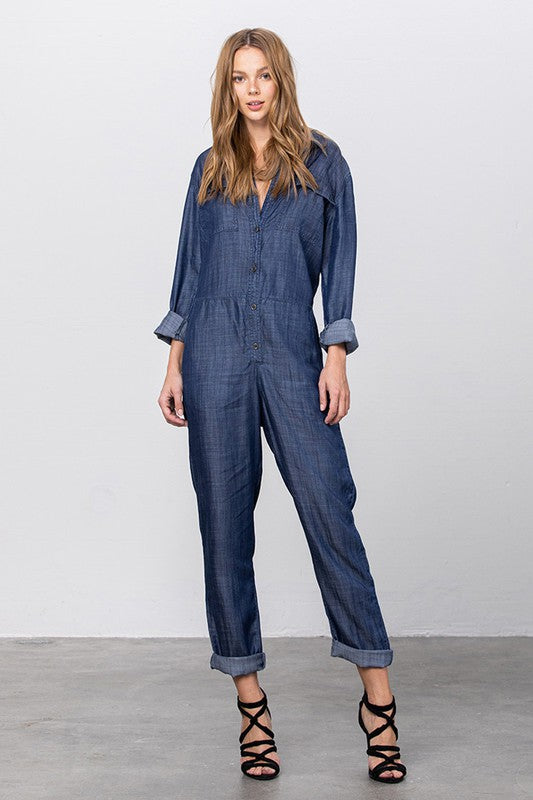 Denim Lab USA Collared Button Front Tencel Jumpsuit