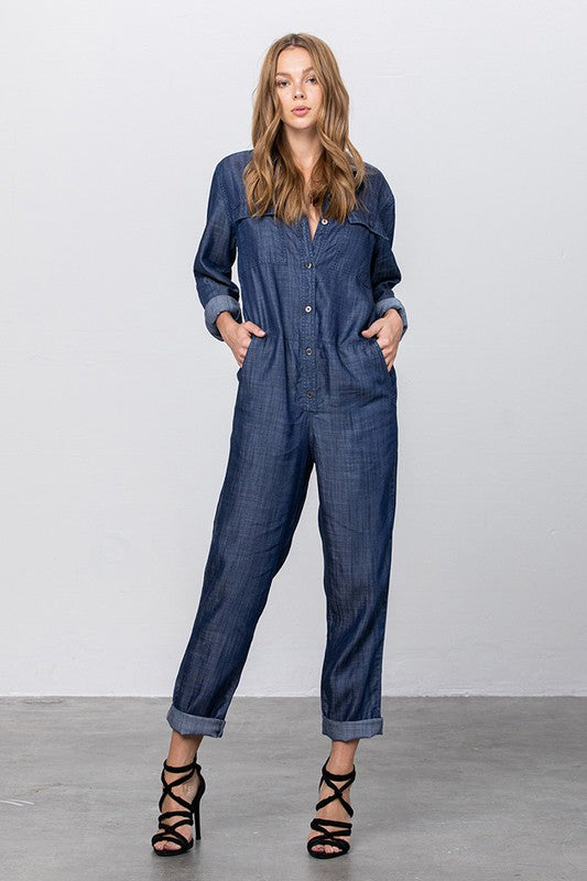 Denim Lab USA Collared Button Front Tencel Jumpsuit