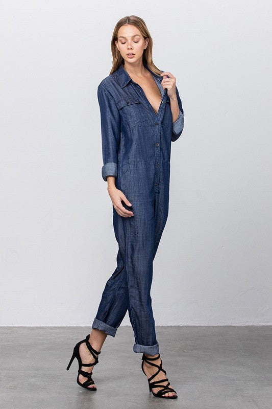 Denim Lab USA Collared Button Front Tencel Jumpsuit