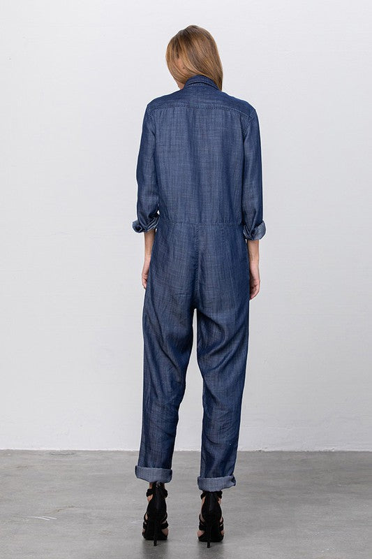 Denim Lab USA Collared Button Front Tencel Jumpsuit