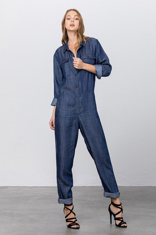 Denim Lab USA Collared Button Front Tencel Jumpsuit