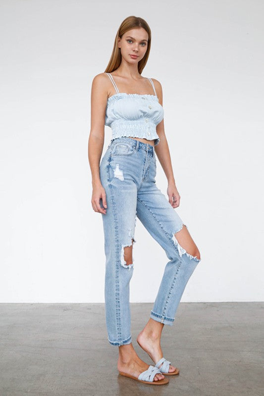Denim Lab USA High Waist Destroyed Hem Boyfriend Jeans