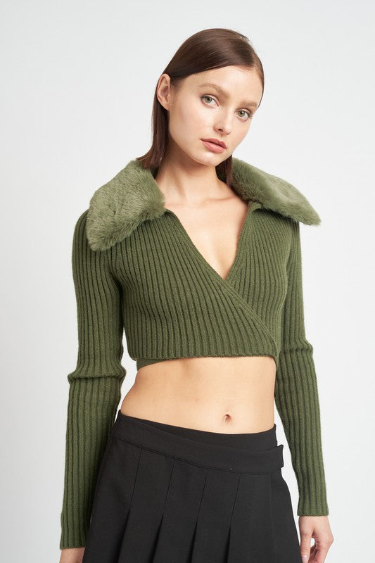 Emory Park V NECK CARDIGAN WITH FUR COLLAR