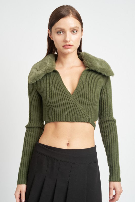 Emory Park V NECK CARDIGAN WITH FUR COLLAR