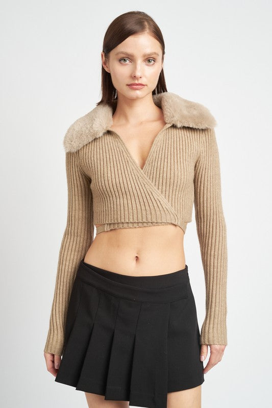 Emory Park V NECK CARDIGAN WITH FUR COLLAR