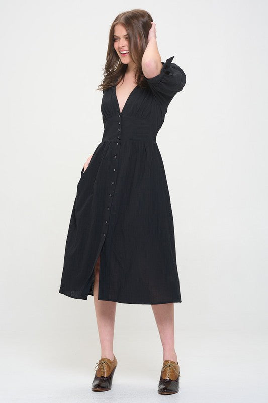 Jade By Jane PLUS 3/4 PUFF SLV TEXTURED BUTTON DOWN MIDI DRESS