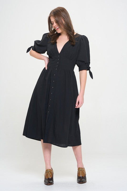 Jade By Jane PLUS 3/4 PUFF SLV TEXTURED BUTTON DOWN MIDI DRESS