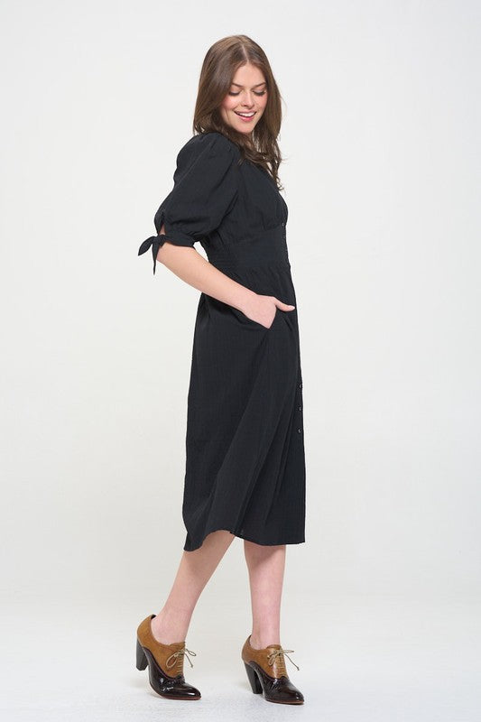 Jade By Jane PLUS 3/4 PUFF SLV TEXTURED BUTTON DOWN MIDI DRESS