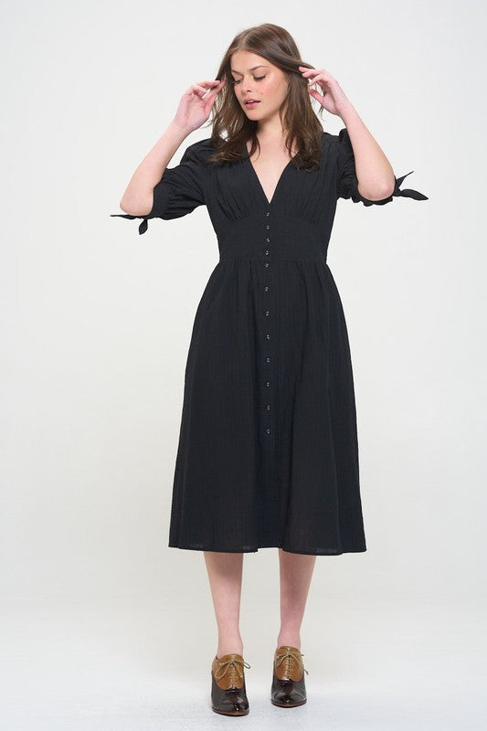 Jade By Jane PLUS 3/4 PUFF SLV TEXTURED BUTTON DOWN MIDI DRESS