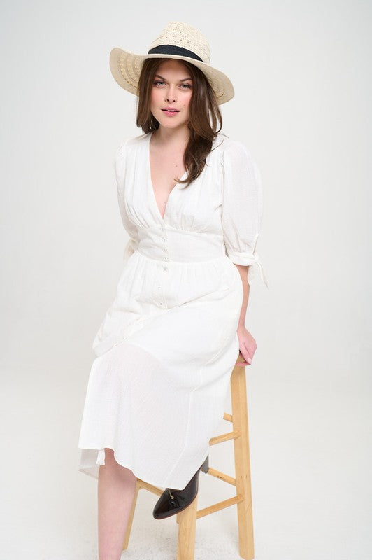 Jade By Jane PLUS 3/4 PUFF SLV TEXTURED BUTTON DOWN MIDI DRESS