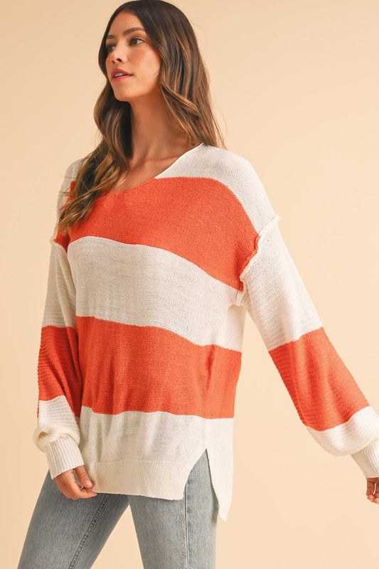 SHEWIN Colorblock V Neck Side Slits Sweater