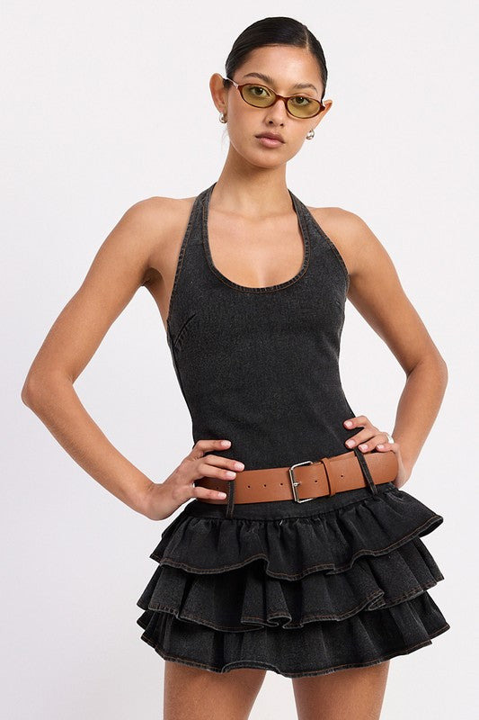 Emory Park MINI BELTED RUFFLED DENIM DRESS WITH HALTER NECK