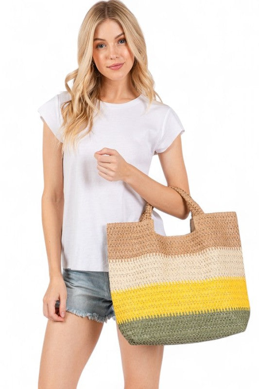 Faux Straw Tri-Tone Tote