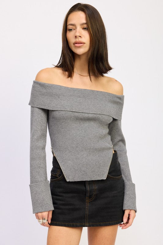 Emory Park RIBBED OFF SHOULDER SWEATER WITH ZIPPER