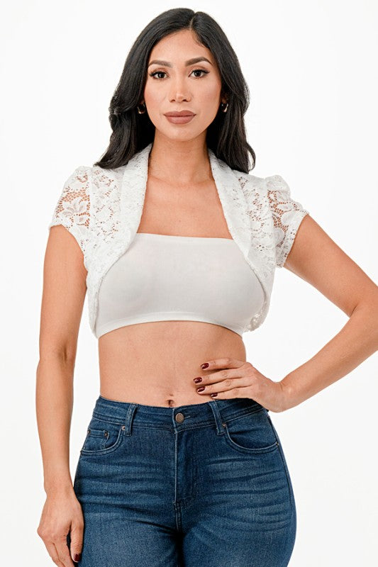 LA SCALA Chic Short Sleeve Lace Crop Top Shrug