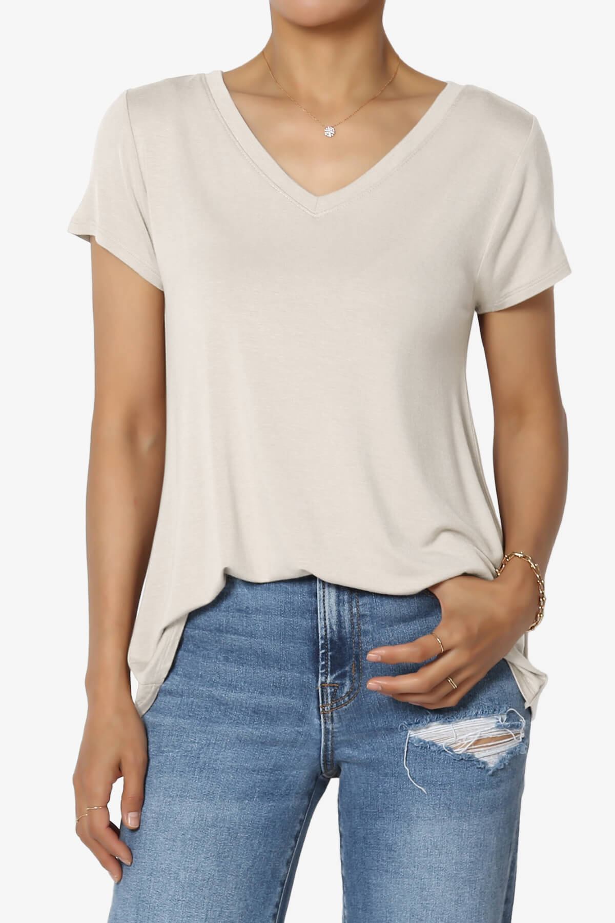 Agree V-Neck Short Sleeve T-Shirt SAND BEIGE_1