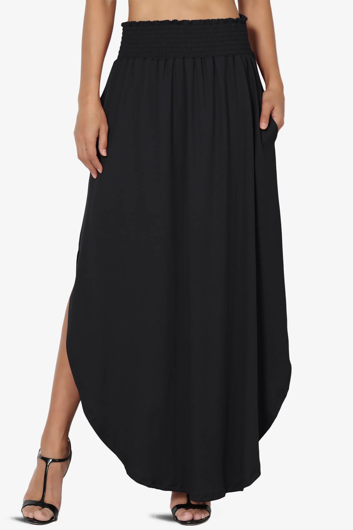 Alisah Smocked Waist Pocket Slit Maxi Skirt BLACK_1