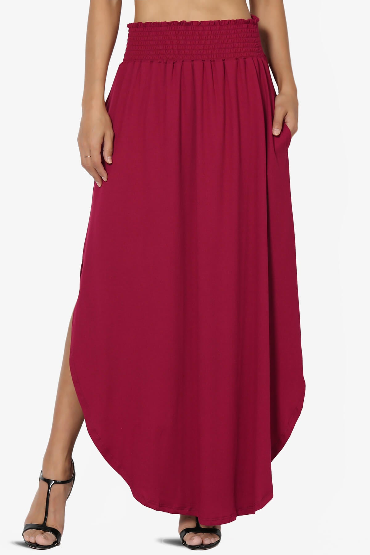 Alisah Smocked Waist Pocket Slit Maxi Skirt BURGUNDY_1