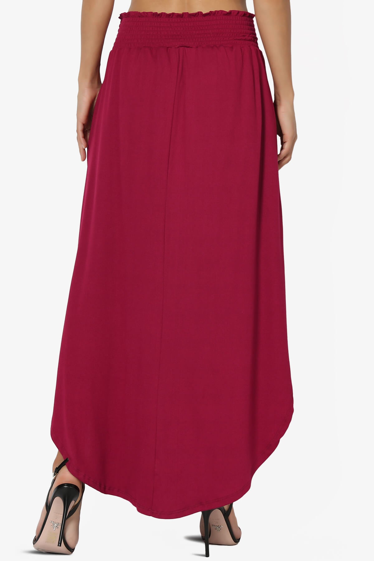 Alisah Smocked Waist Pocket Slit Maxi Skirt BURGUNDY_2