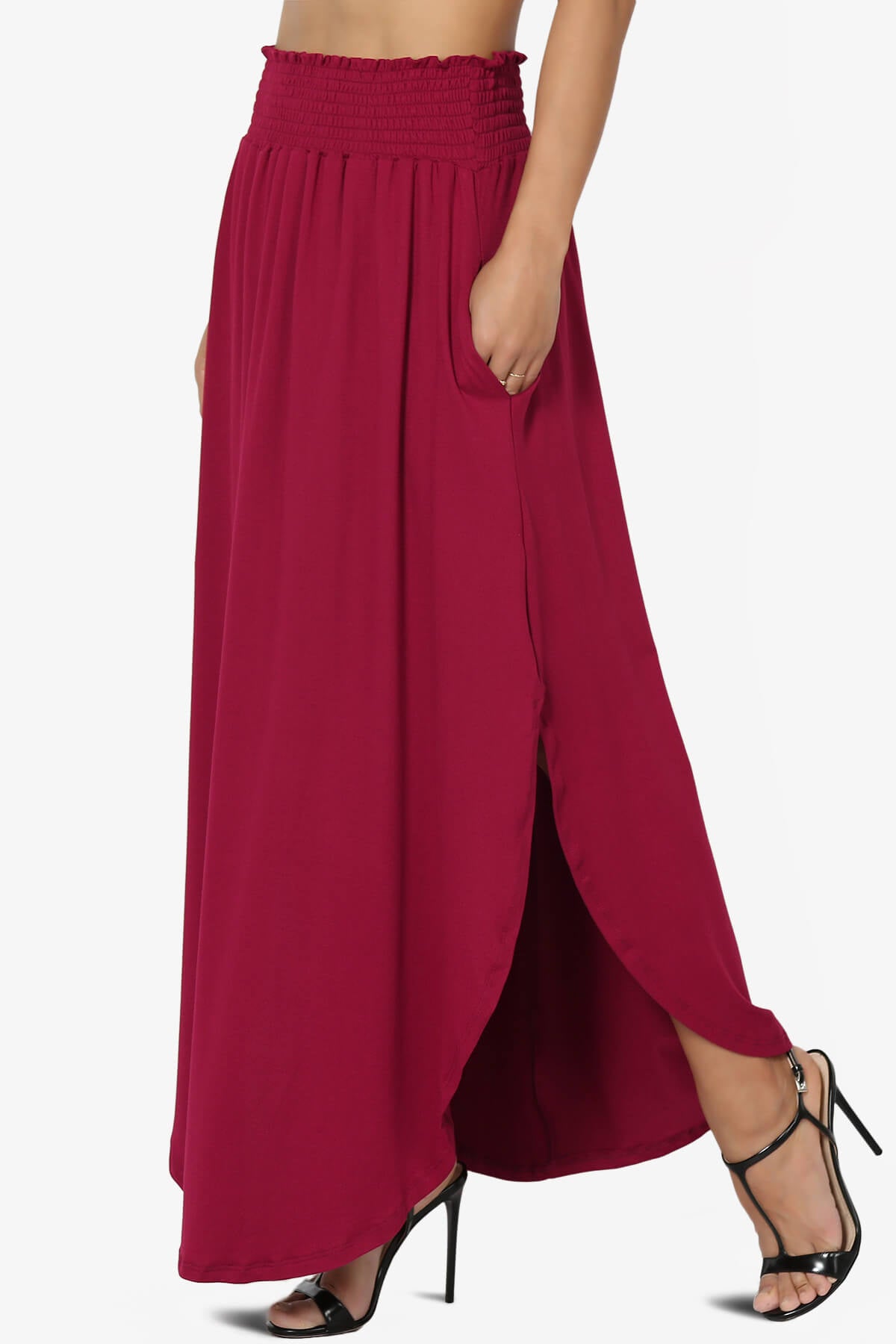Alisah Smocked Waist Pocket Slit Maxi Skirt BURGUNDY_3