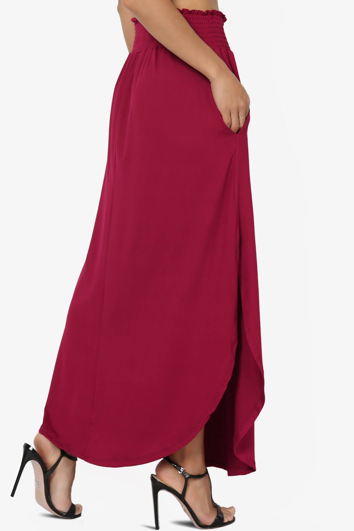 Alisah Smocked Waist Pocket Slit Maxi Skirt BURGUNDY_4