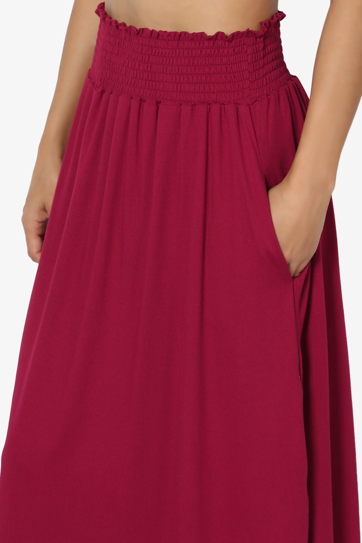 Alisah Smocked Waist Pocket Slit Maxi Skirt BURGUNDY_5