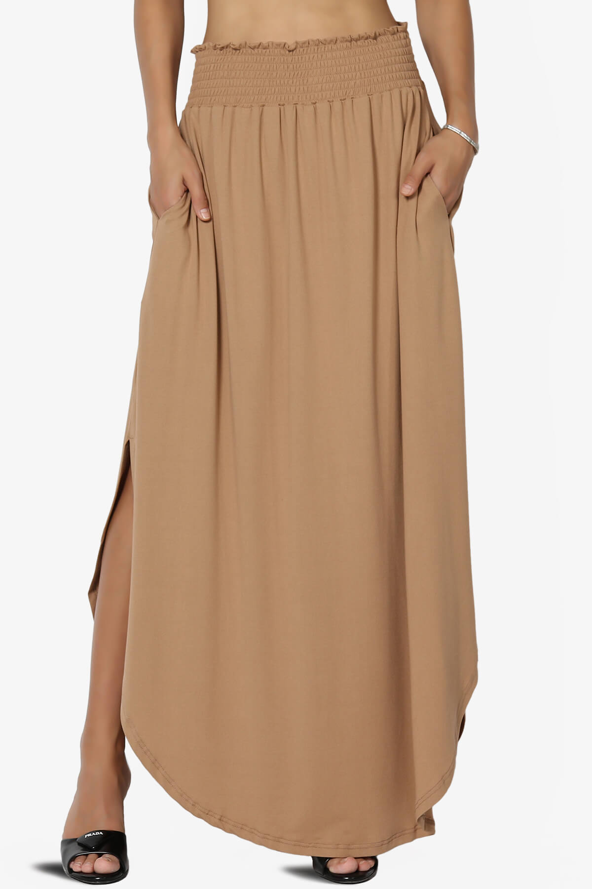 Alisah Smocked Waist Pocket Slit Maxi Skirt CAMEL_1