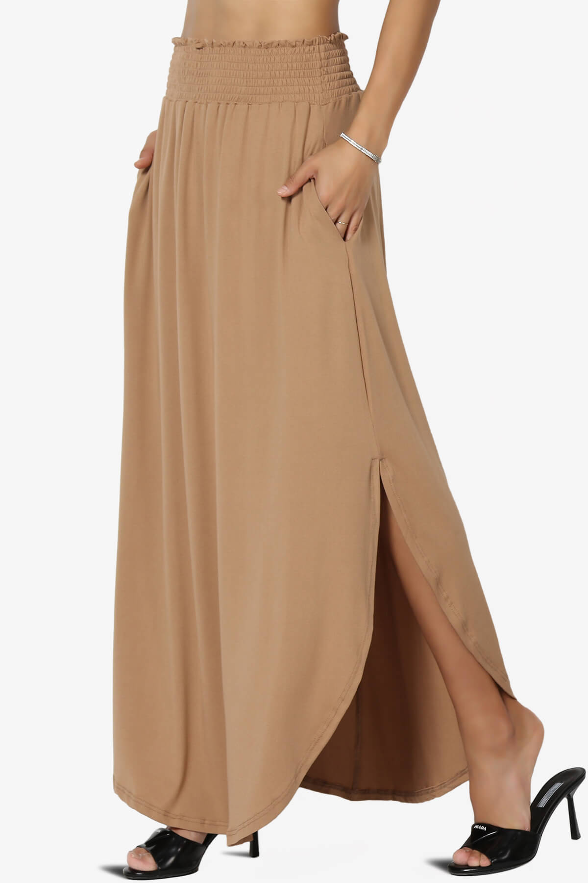 Alisah Smocked Waist Pocket Slit Maxi Skirt CAMEL_3