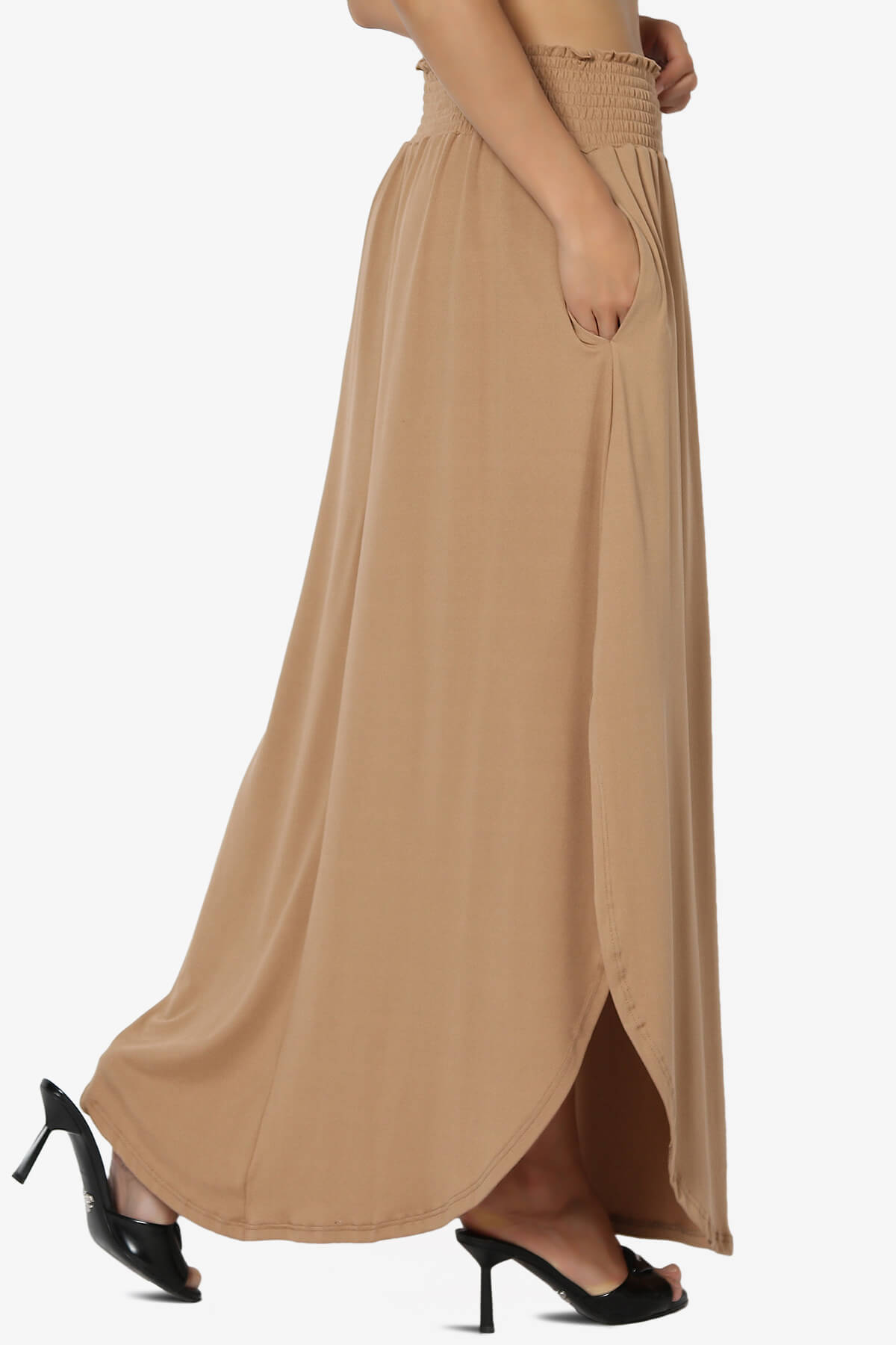 Alisah Smocked Waist Pocket Slit Maxi Skirt CAMEL_4