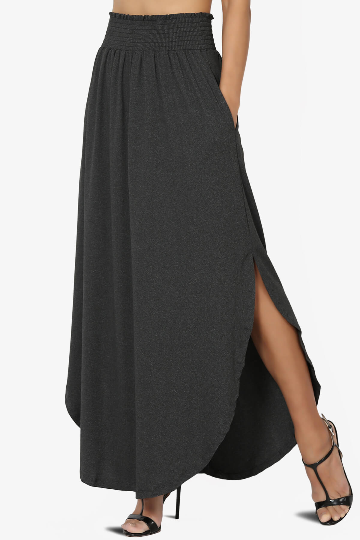 Alisah Smocked Waist Pocket Slit Maxi Skirt CHARCOAL_3