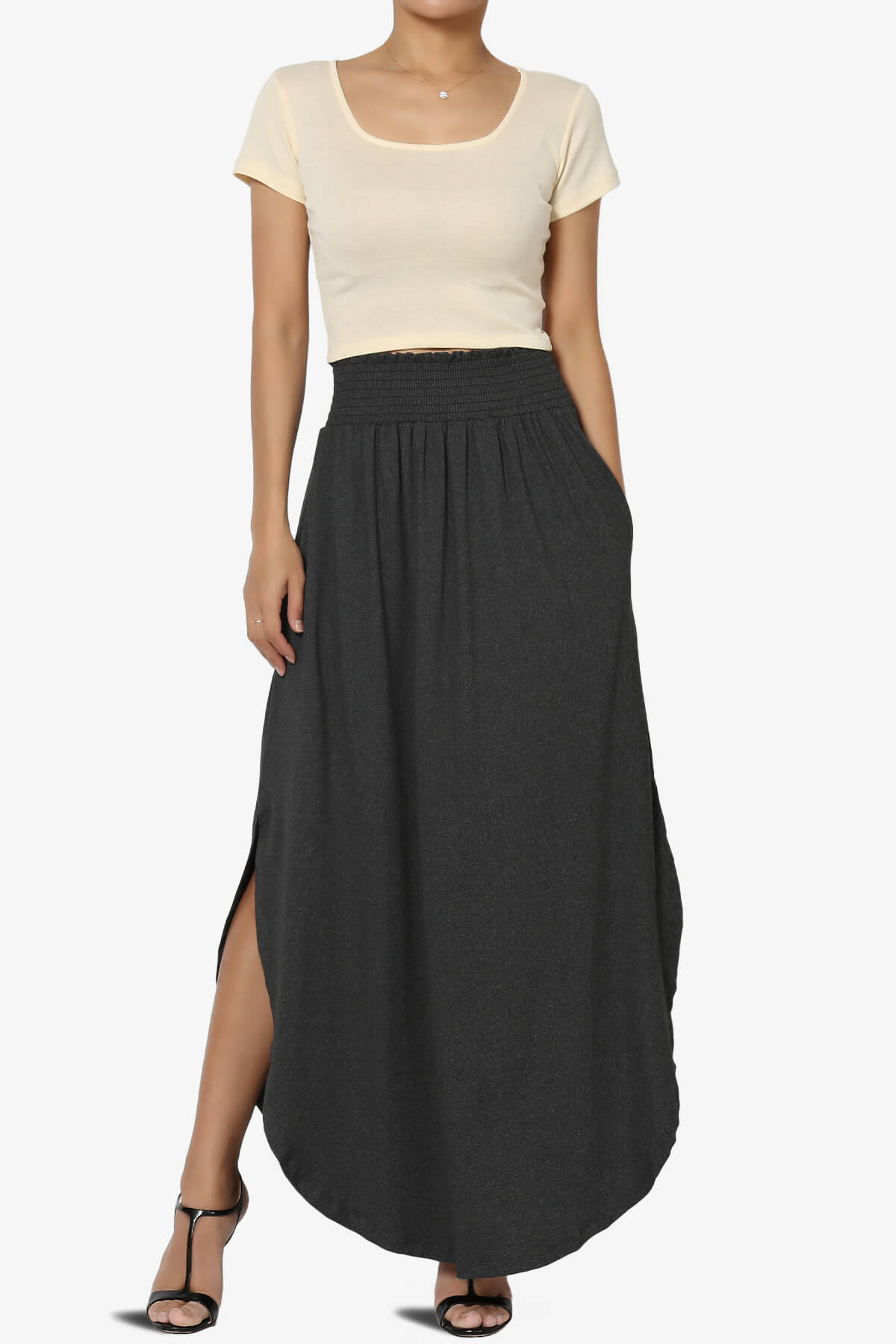 Alisah Smocked Waist Pocket Slit Maxi Skirt CHARCOAL_6