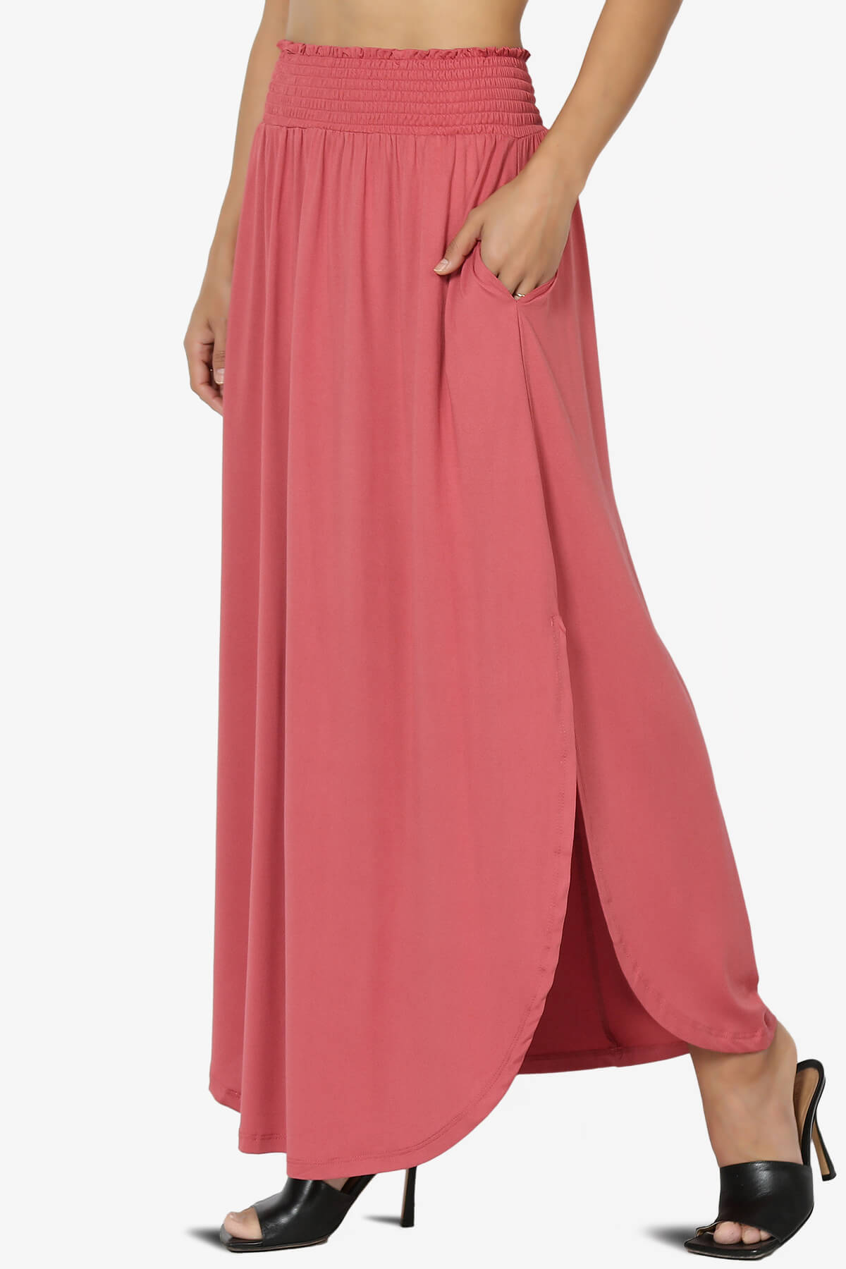 Alisah Smocked Waist Pocket Slit Maxi Skirt CRANBERRY_3