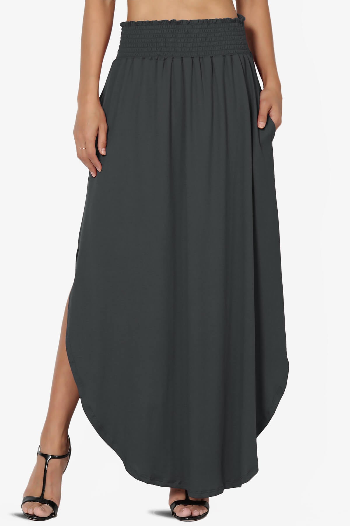 Alisah Smocked Waist Pocket Slit Maxi Skirt DARK GREY_1