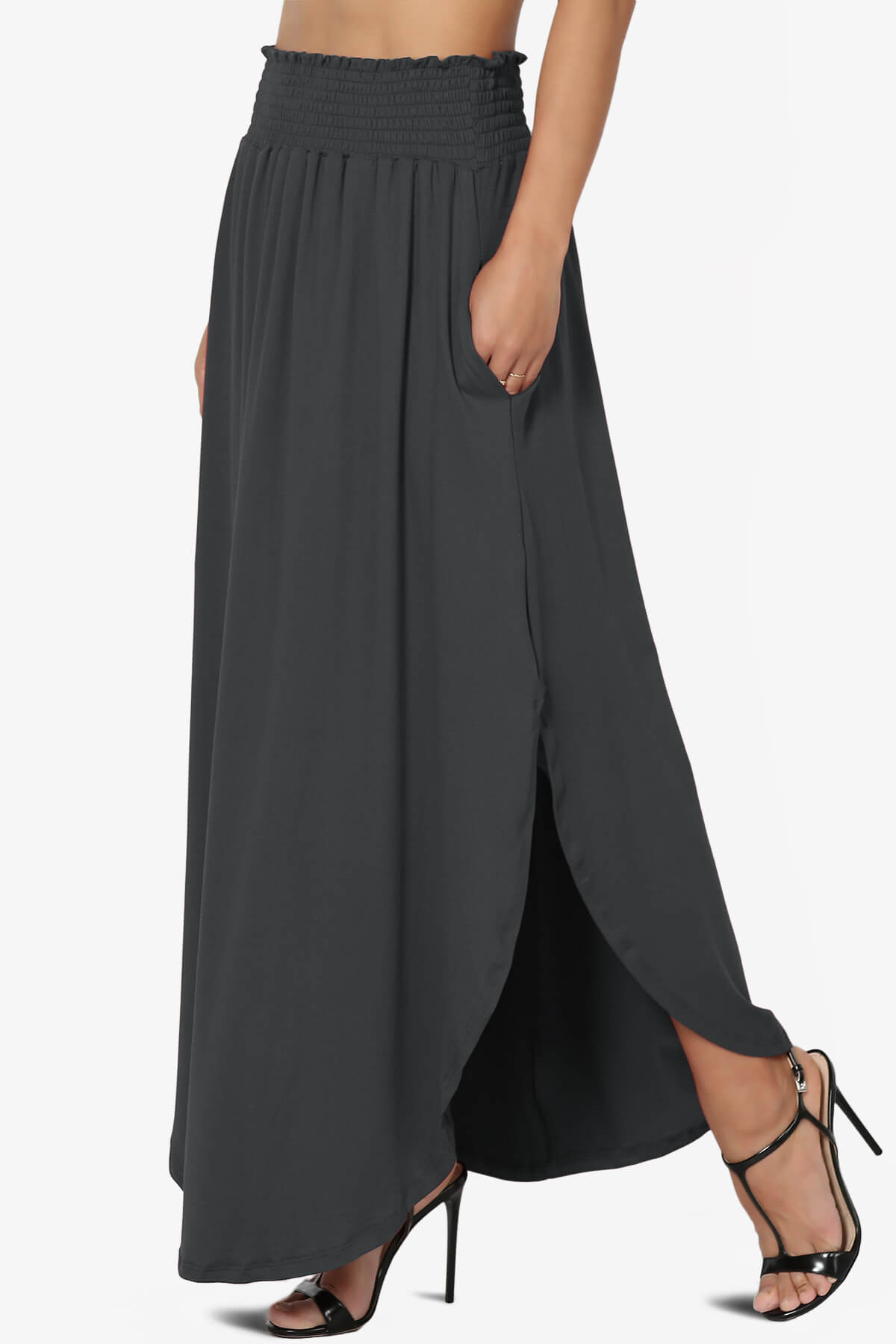 Alisah Smocked Waist Pocket Slit Maxi Skirt DARK GREY_3