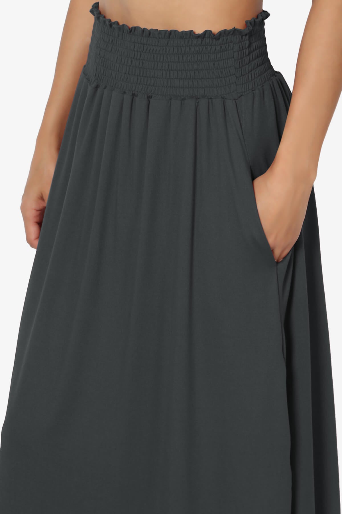 Alisah Smocked Waist Pocket Slit Maxi Skirt DARK GREY_5