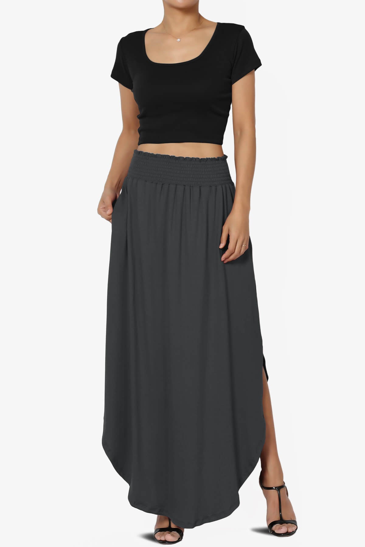 Alisah Smocked Waist Pocket Slit Maxi Skirt DARK GREY_6