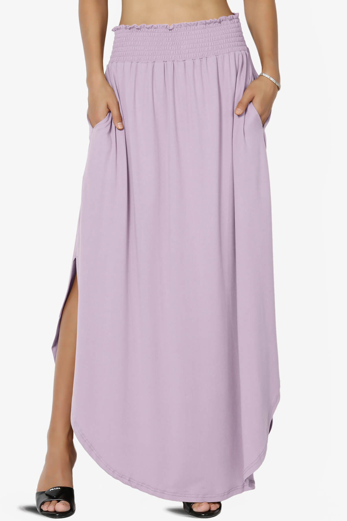Alisah Smocked Waist Pocket Slit Maxi Skirt LILAC_1