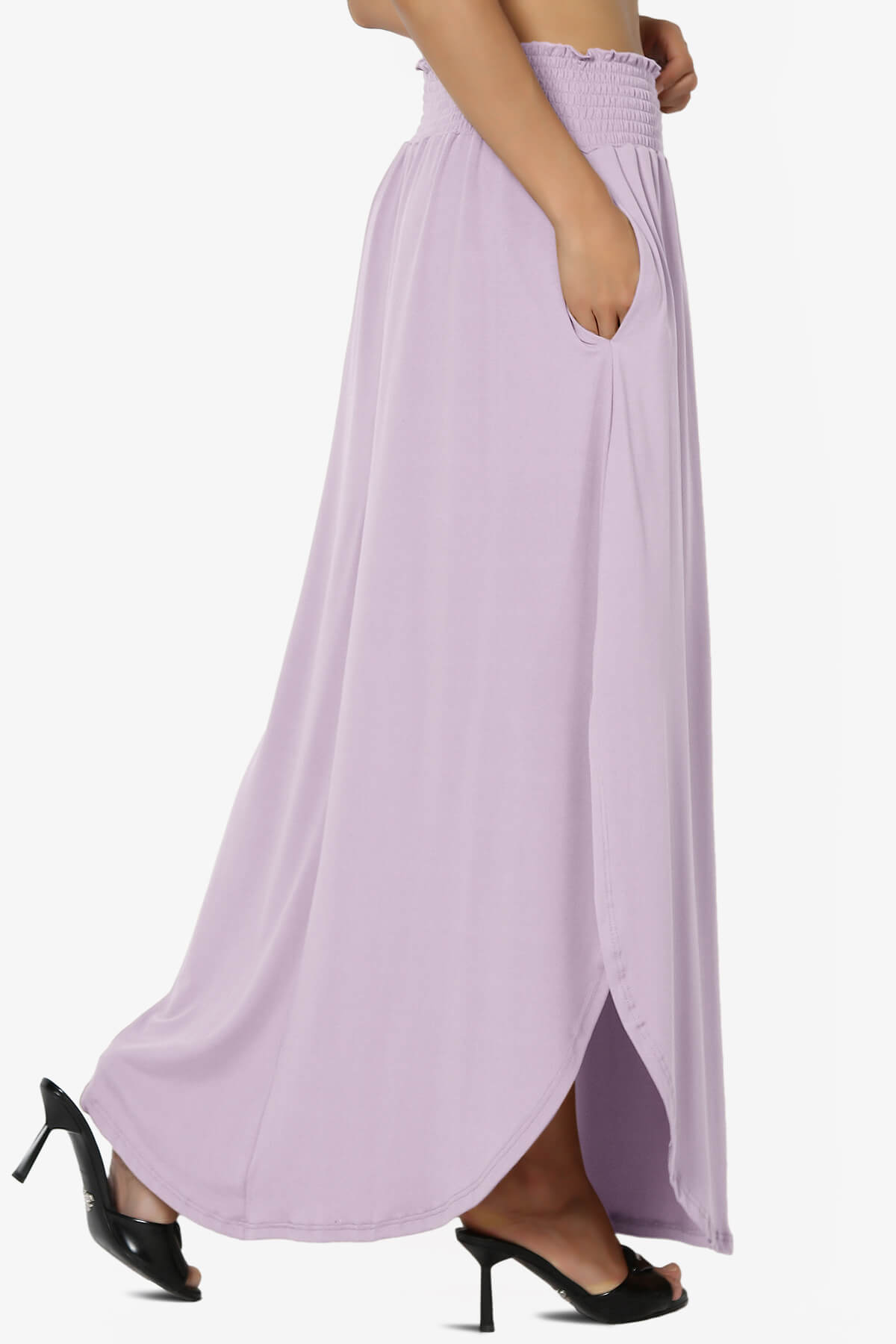 Alisah Smocked Waist Pocket Slit Maxi Skirt LILAC_4