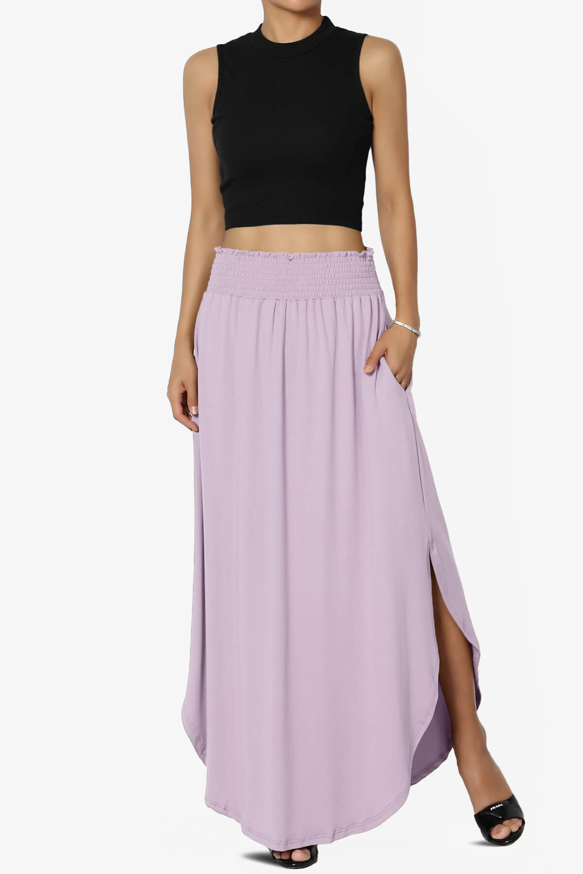 Alisah Smocked Waist Pocket Slit Maxi Skirt LILAC_6