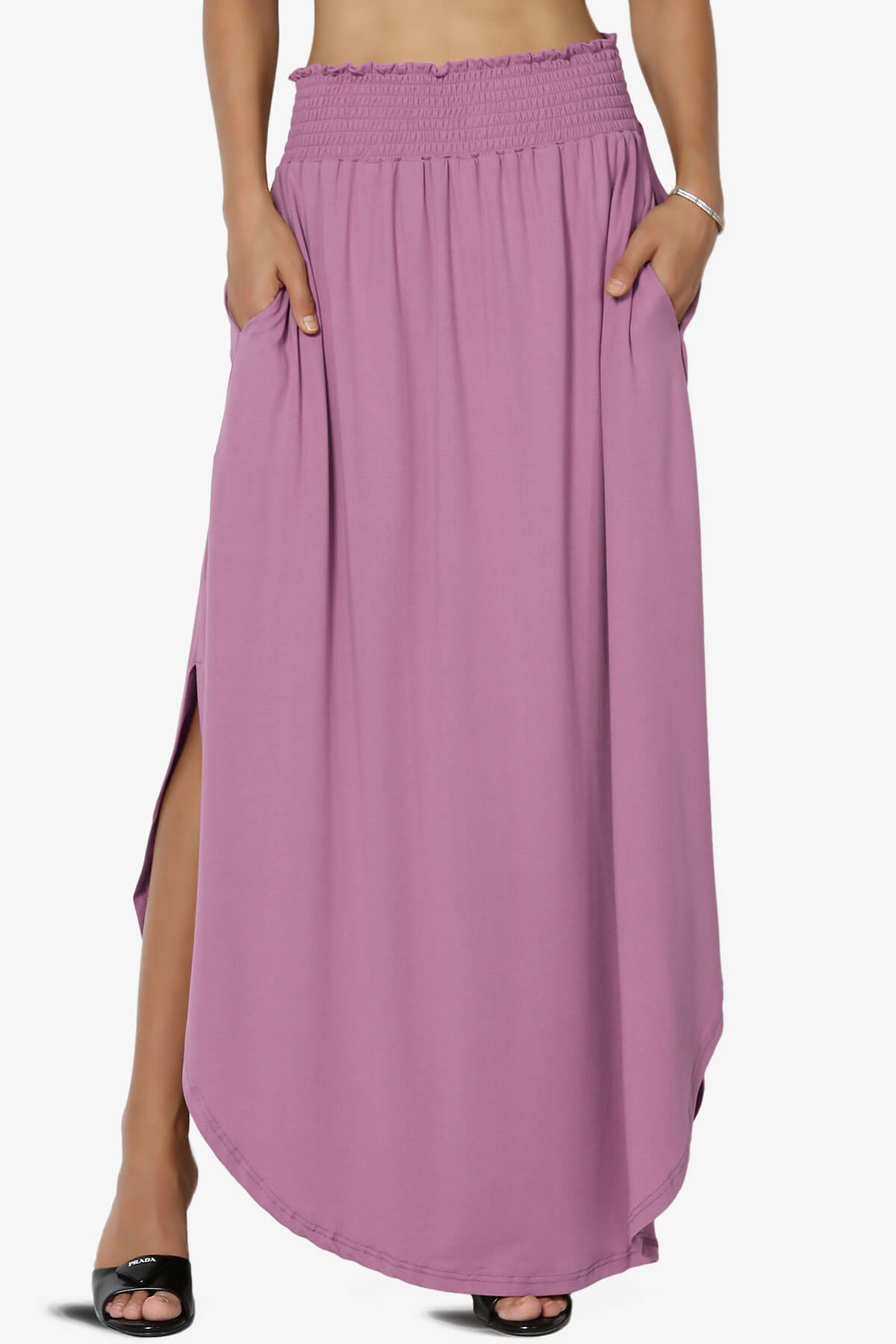 Alisah Smocked Waist Pocket Slit Maxi Skirt MAUVE_1