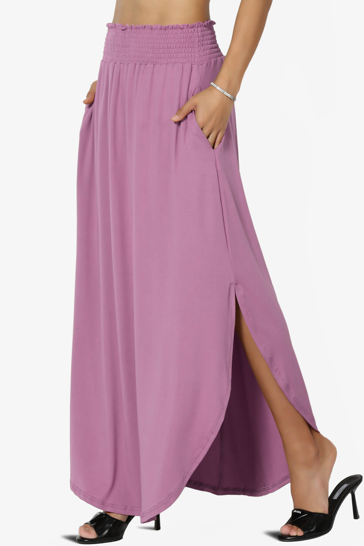 Alisah Smocked Waist Pocket Slit Maxi Skirt MAUVE_3