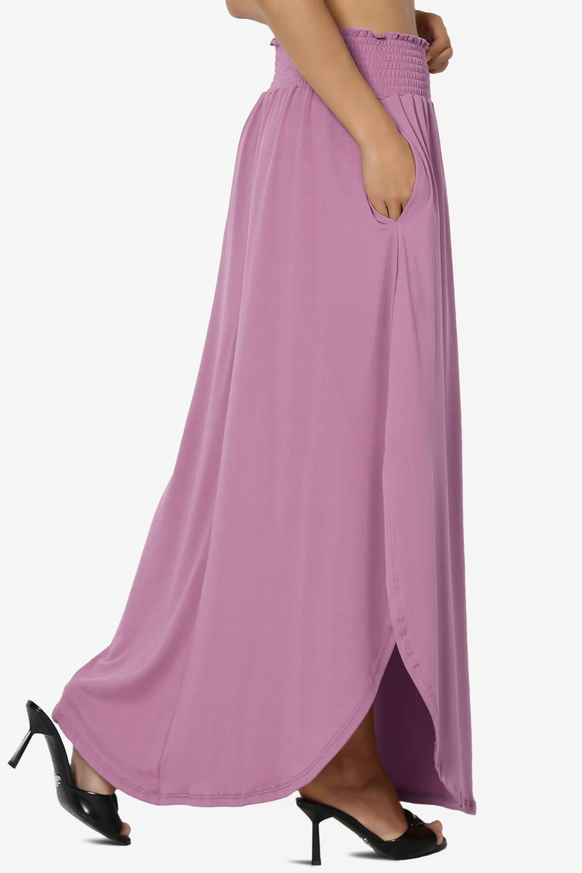 Alisah Smocked Waist Pocket Slit Maxi Skirt MAUVE_4