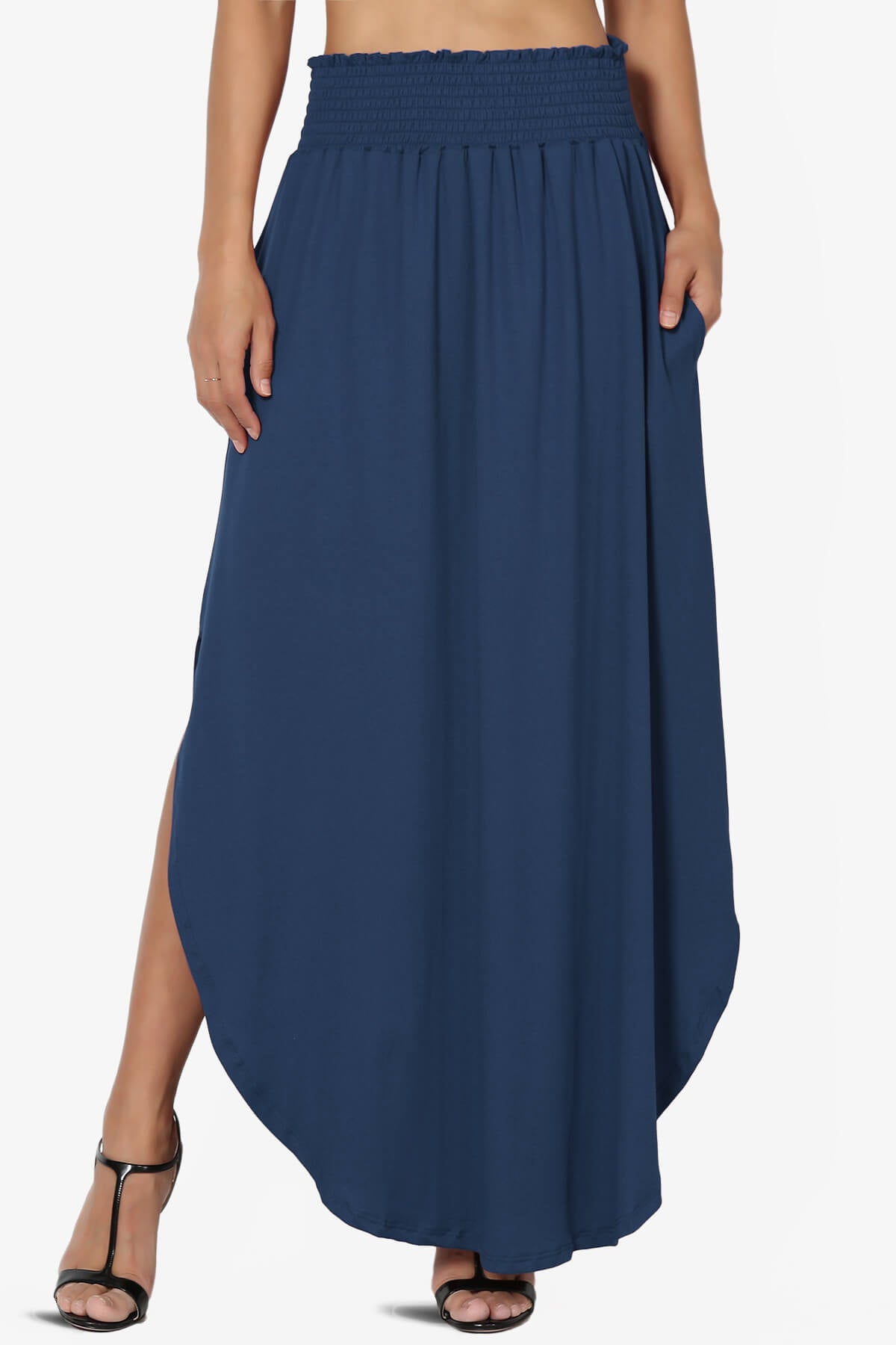 Alisah Smocked Waist Pocket Slit Maxi Skirt NAVY_1