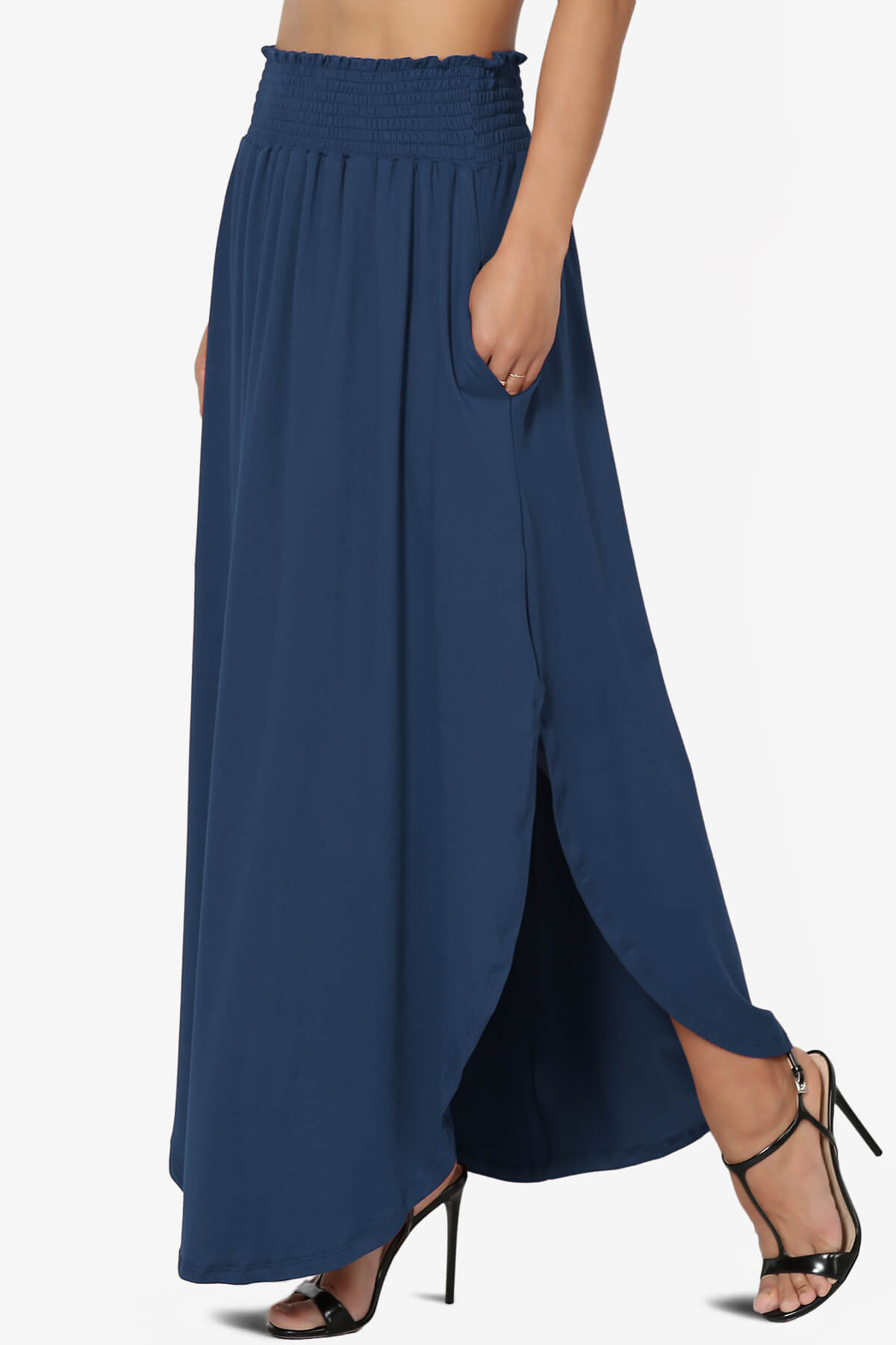 Alisah Smocked Waist Pocket Slit Maxi Skirt NAVY_3