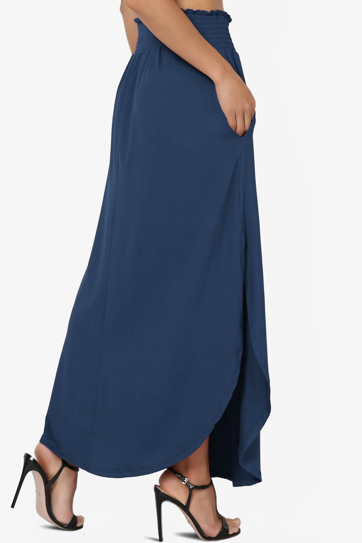 Alisah Smocked Waist Pocket Slit Maxi Skirt NAVY_4