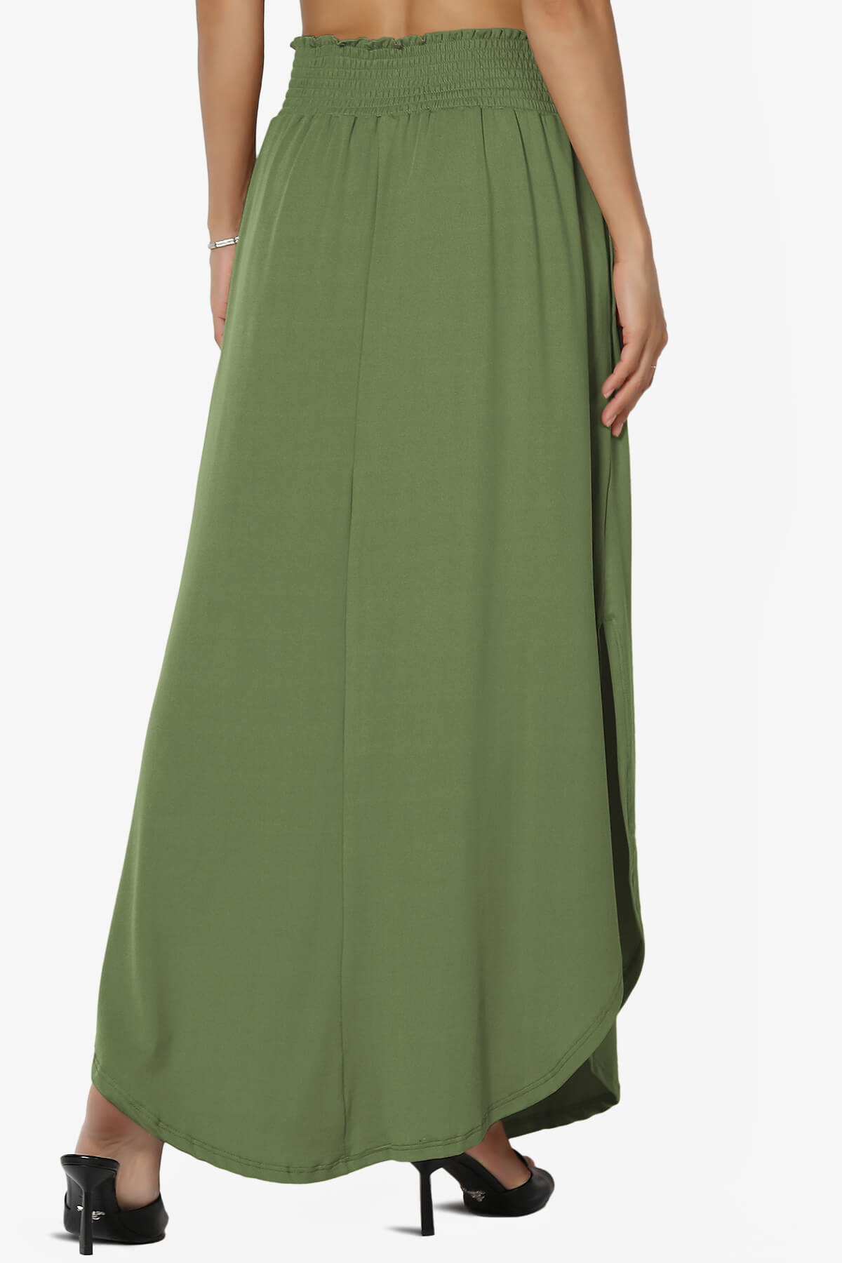 Alisah Smocked Waist Pocket Slit Maxi Skirt OLIVE_2