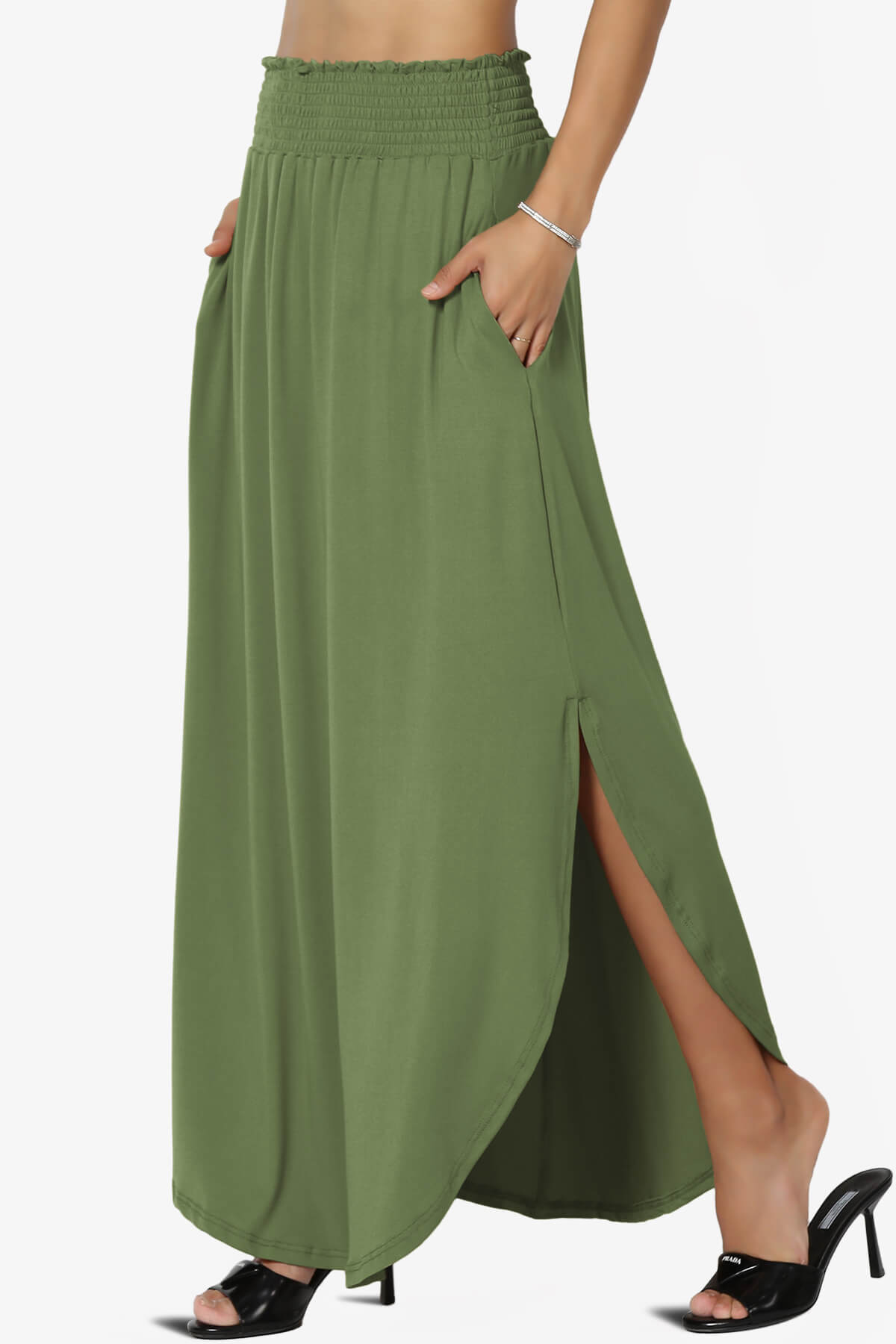 Alisah Smocked Waist Pocket Slit Maxi Skirt OLIVE_3